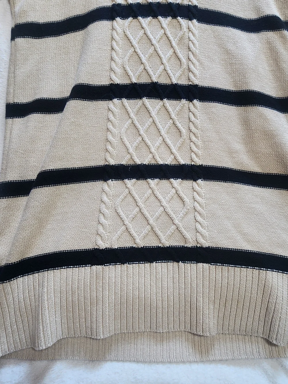 New York & Company Striped Turtleneck Cable Knit Sweater Dress Beige Large